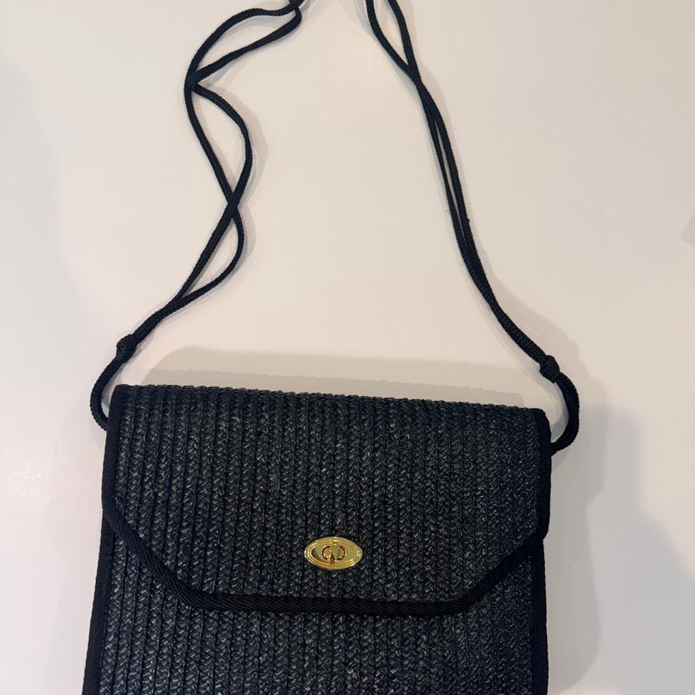 Black Woven Crossbody Bag with Gold Turn-Lock Closure